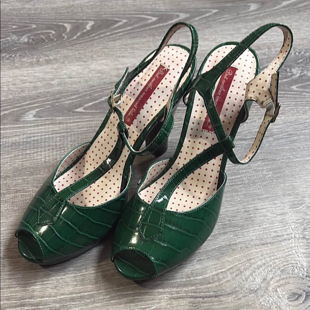 Green Patent Croc-Embossed T-Strap Peep-Toe Heels